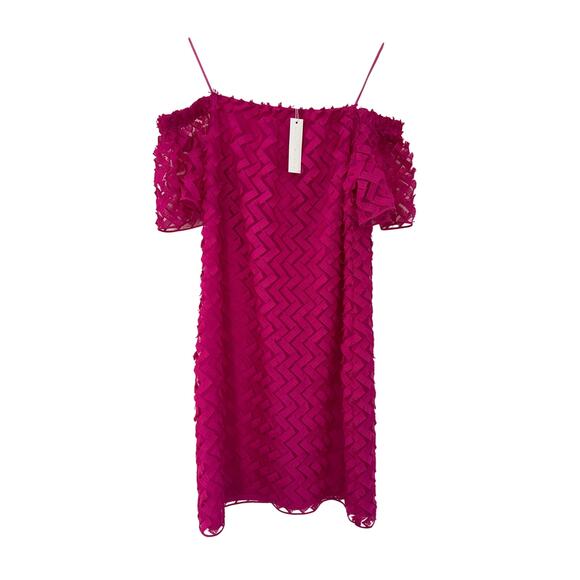 NWT Trina Turk Off Shoulder Chevron Mini Dress Womens Size 8 Pink Summer - Picture 1 of 16